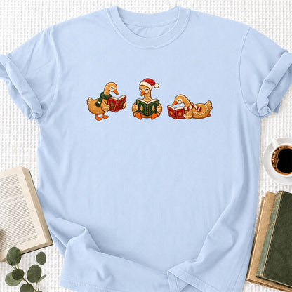 Gingerbread Ducks Reading Printed T-Shirt | Christmas Gift Light Blue