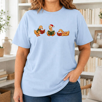 Gingerbread Ducks Reading Printed T-Shirt | Christmas Gift Light Blue