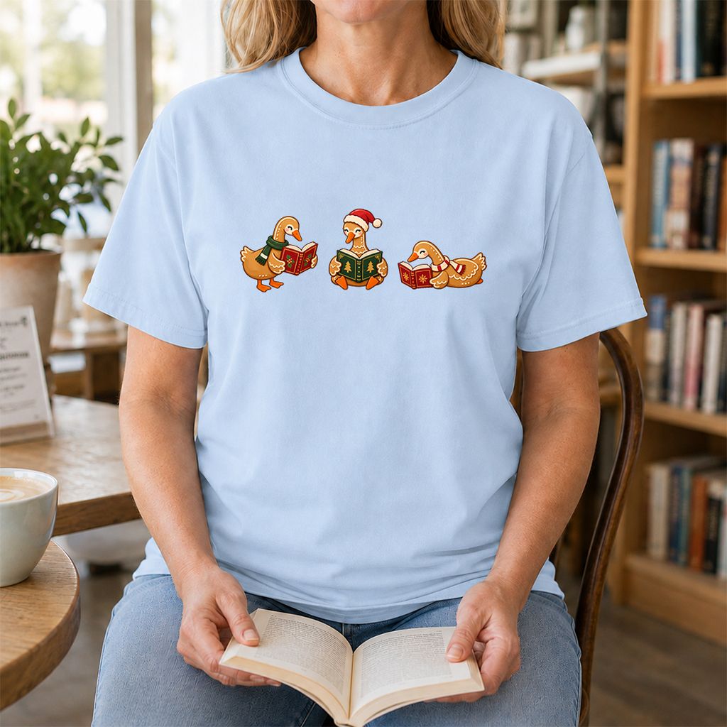 Gingerbread Ducks Reading Printed T-Shirt | Christmas Gift Light Blue