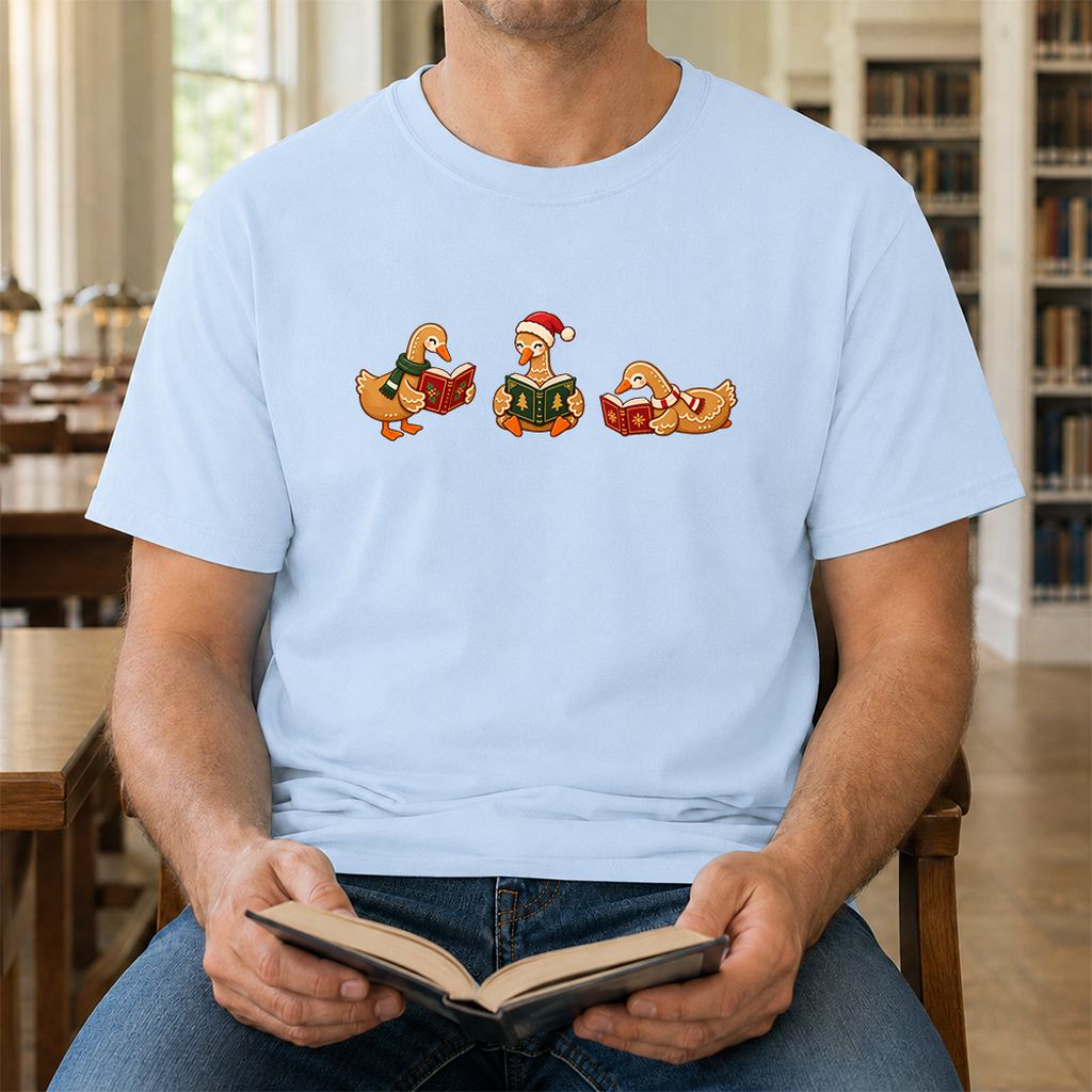 Gingerbread Ducks Reading Printed T-Shirt | Christmas Gift Light Blue