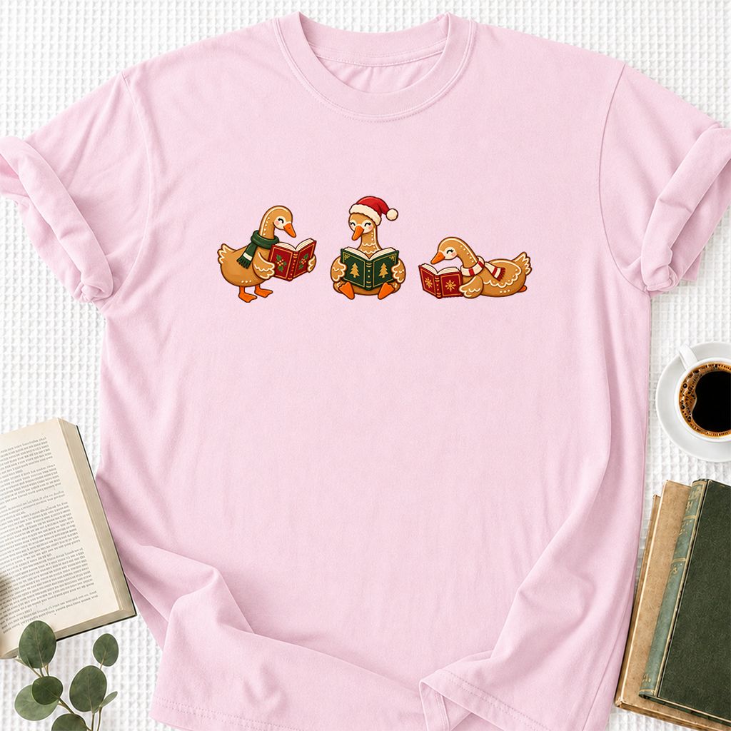 Gingerbread Ducks Reading Printed T-Shirt | Christmas Gift Light Pink