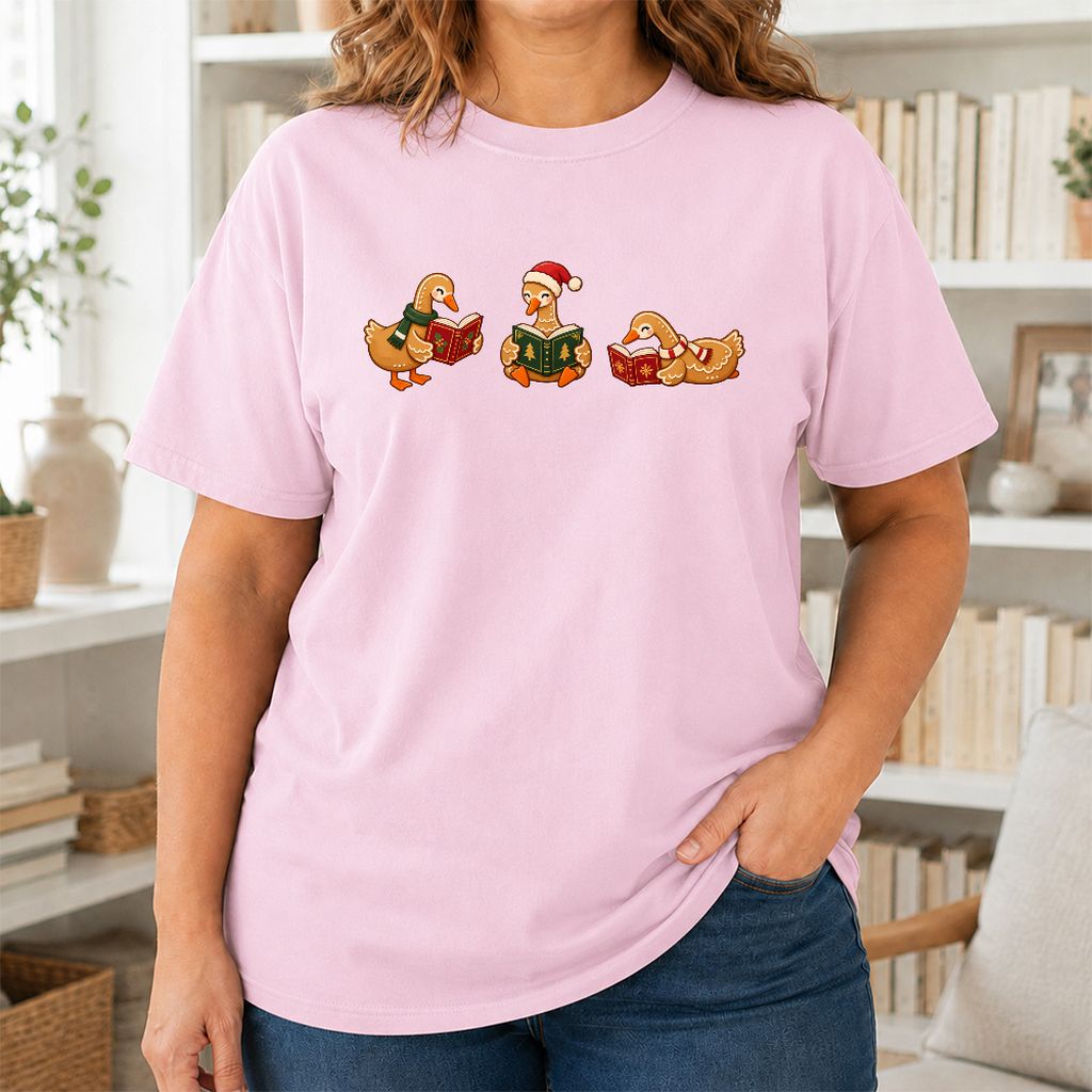 Gingerbread Ducks Reading Printed T-Shirt | Christmas Gift Light Pink