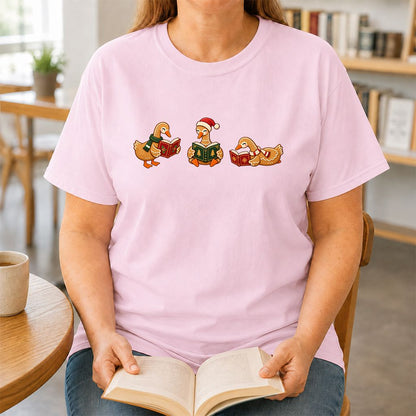 Gingerbread Ducks Reading Printed T-Shirt | Christmas Gift Light Pink