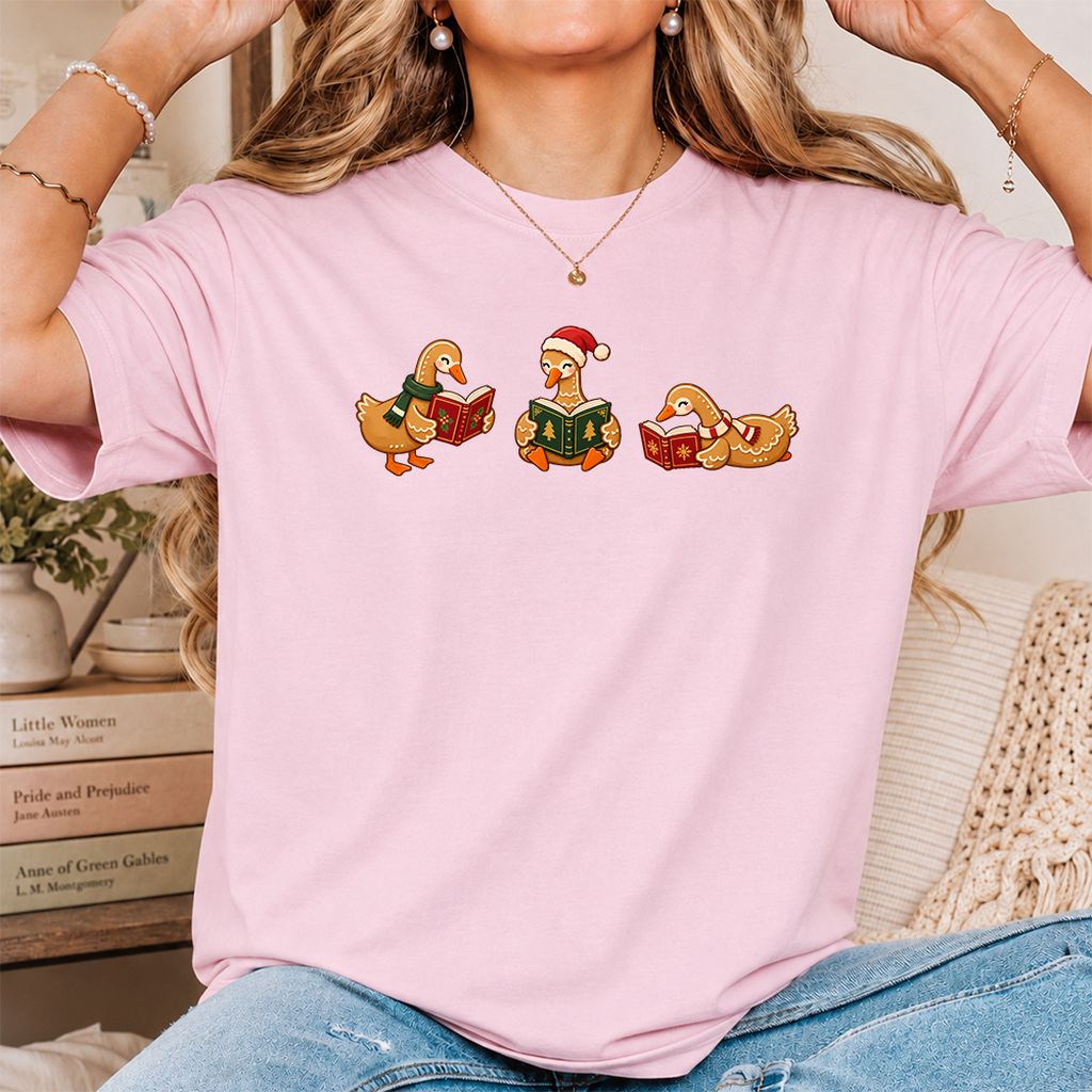 Gingerbread Ducks Reading Printed T-Shirt | Christmas Gift Light Pink