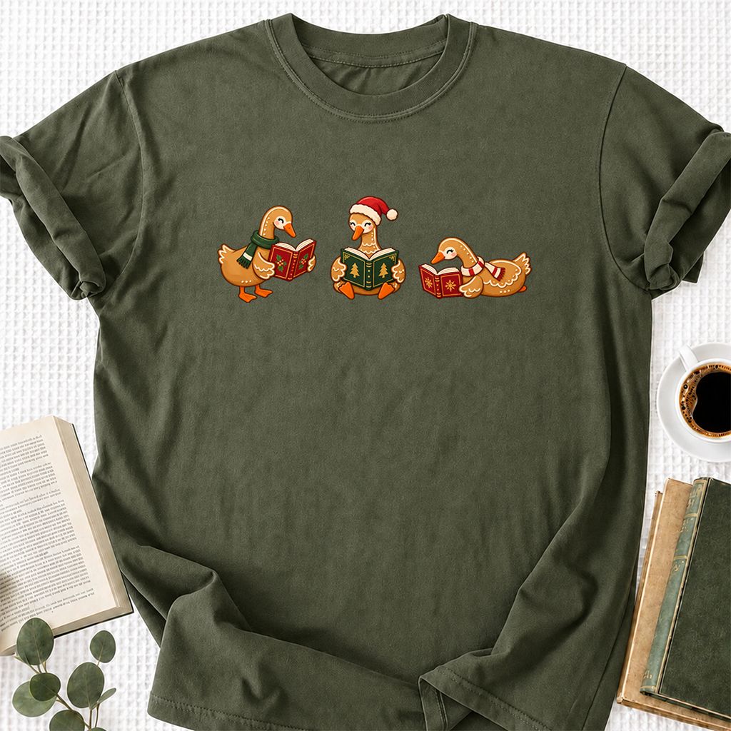 Gingerbread Ducks Reading Printed T-Shirt | Christmas Gift Military Green