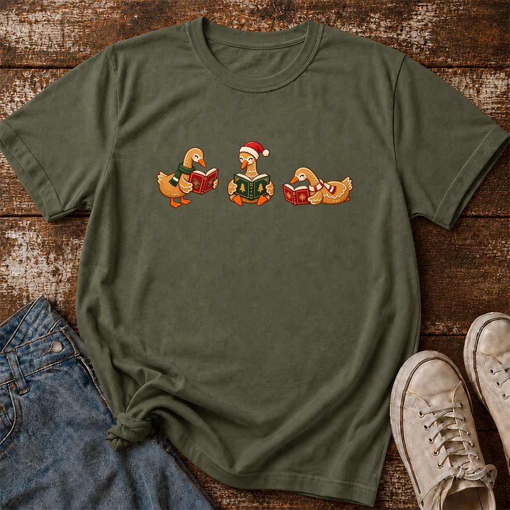 Gingerbread Ducks Reading Printed T-Shirt | Christmas Gift Military Green