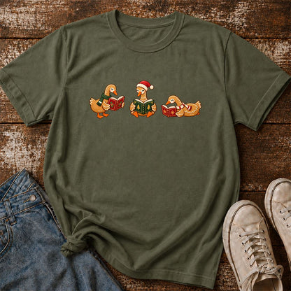 Gingerbread Ducks Reading Printed T-Shirt | Christmas Gift Military Green