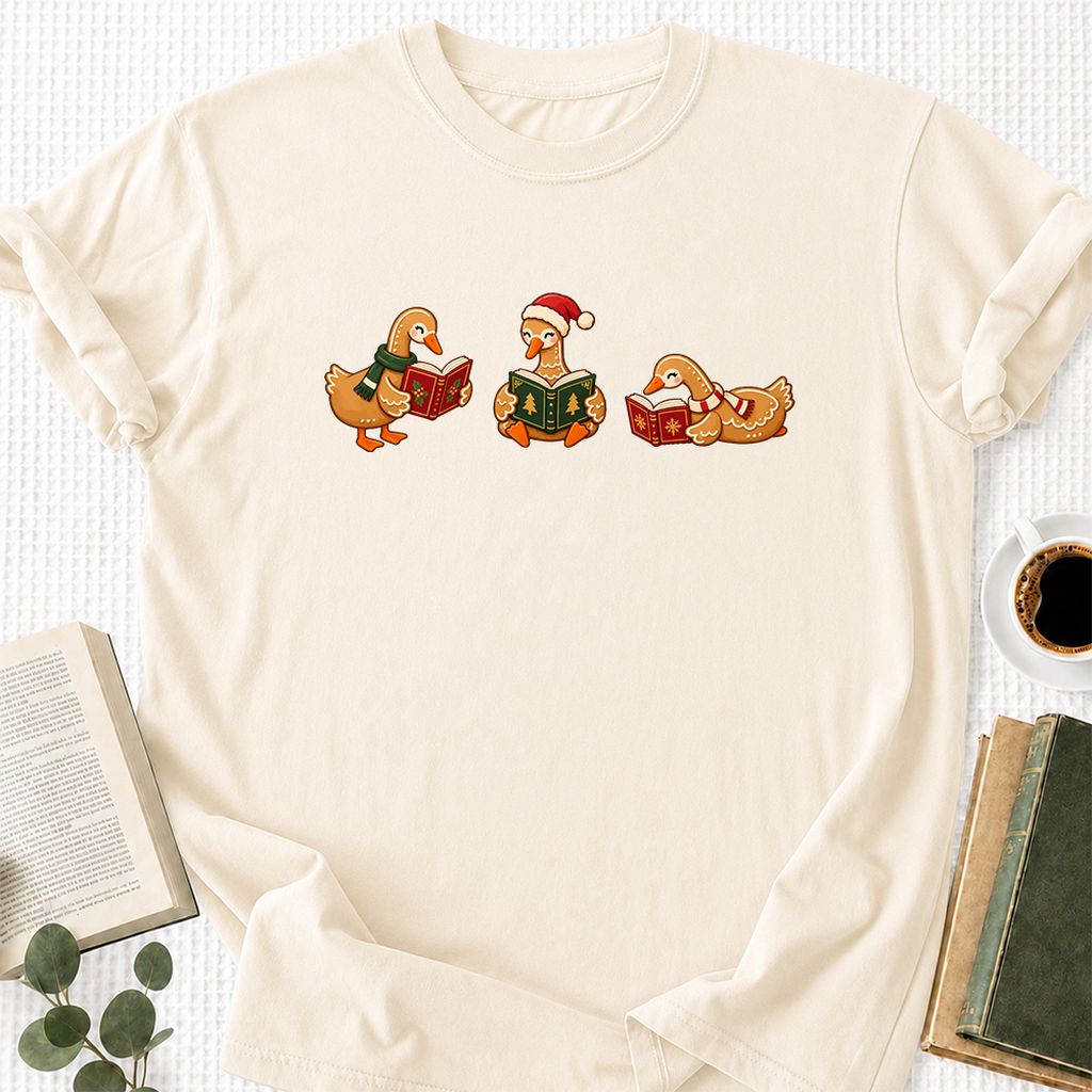 Gingerbread Ducks Reading Printed T-Shirt | Christmas Gift Natural