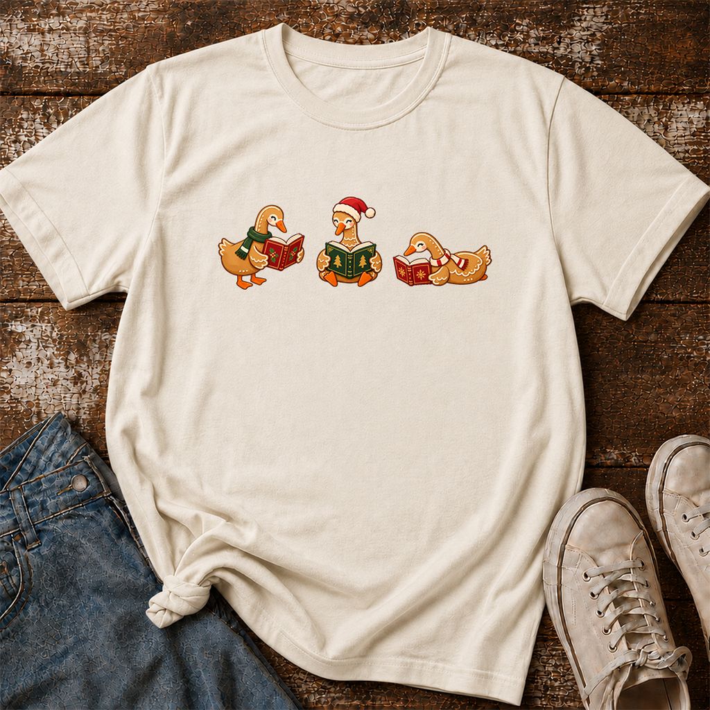 Gingerbread Ducks Reading Printed T-Shirt | Christmas Gift Natural