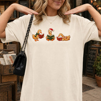 Gingerbread Ducks Reading Printed T-Shirt | Christmas Gift Natural