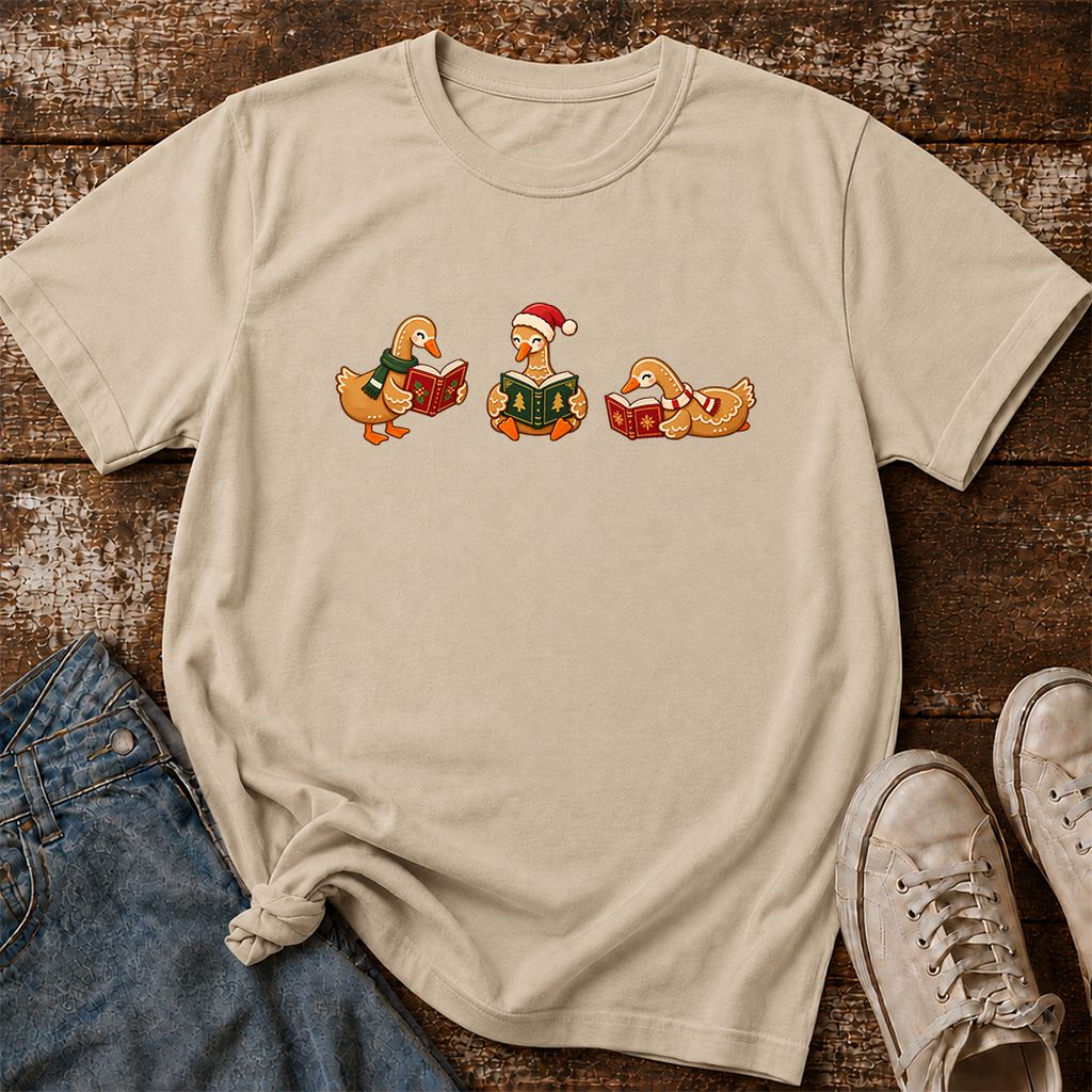 Gingerbread Ducks Reading Printed T-Shirt | Christmas Gift Sand
