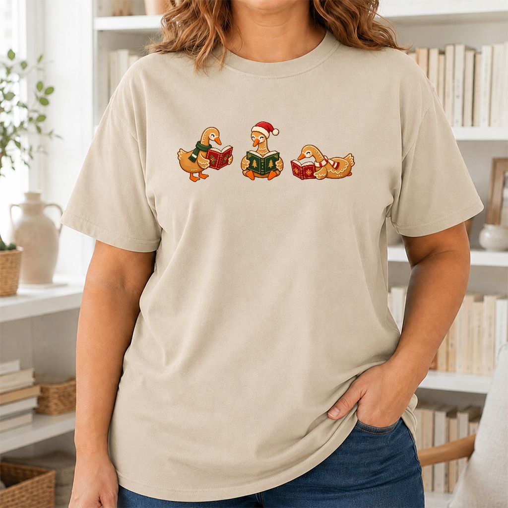 Gingerbread Ducks Reading Printed T-Shirt | Christmas Gift Sand