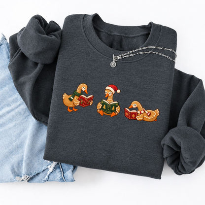 Gingerbread Ducks Reading Softstyle Sweatshirt | Christmas Gift Dark Heather