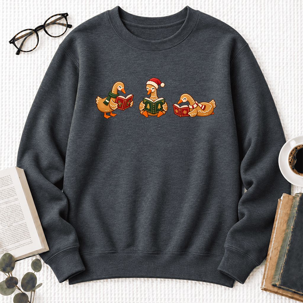 Gingerbread Ducks Reading Softstyle Sweatshirt | Christmas Gift Dark Heather