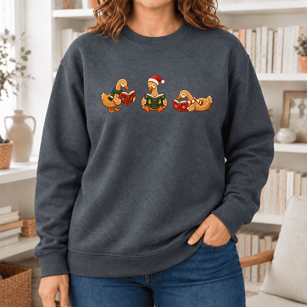 Gingerbread Ducks Reading Softstyle Sweatshirt | Christmas Gift Dark Heather
