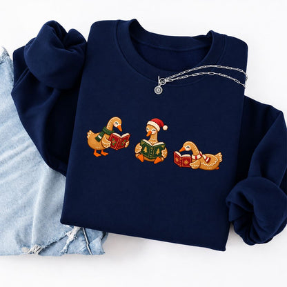Gingerbread Ducks Reading Softstyle Sweatshirt | Christmas Gift Navy