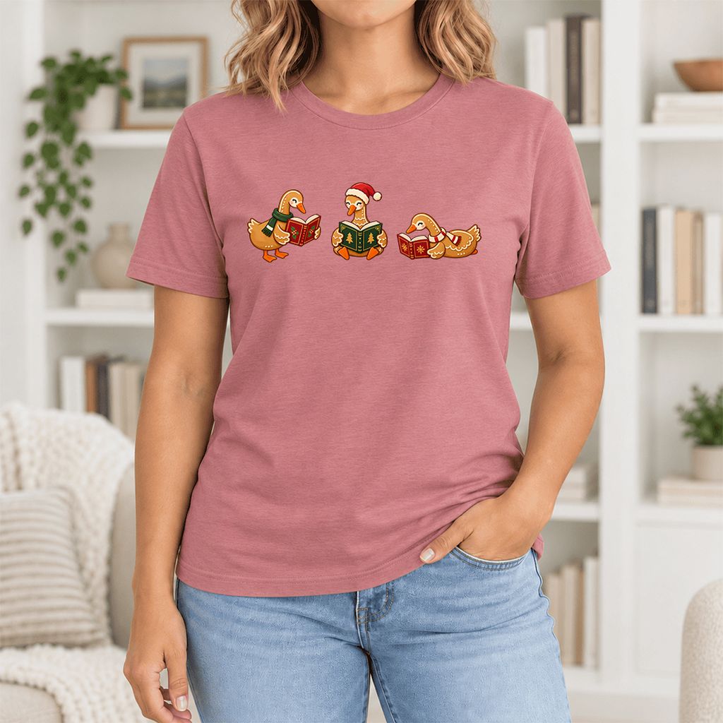 Gingerbread Ducks Reading Ultra-Soft Cotton T-Shirt | Christmas Gift Mauve