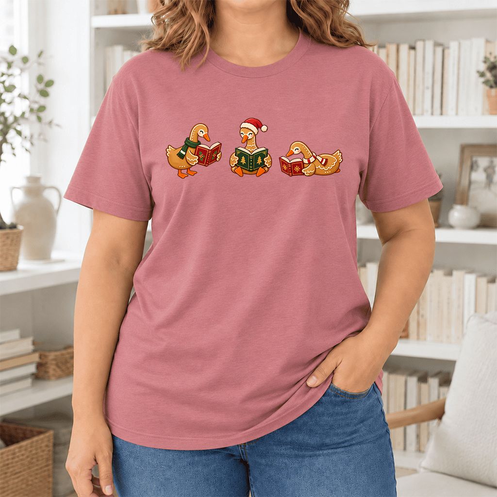 Gingerbread Ducks Reading Ultra-Soft Cotton T-Shirt | Christmas Gift Mauve