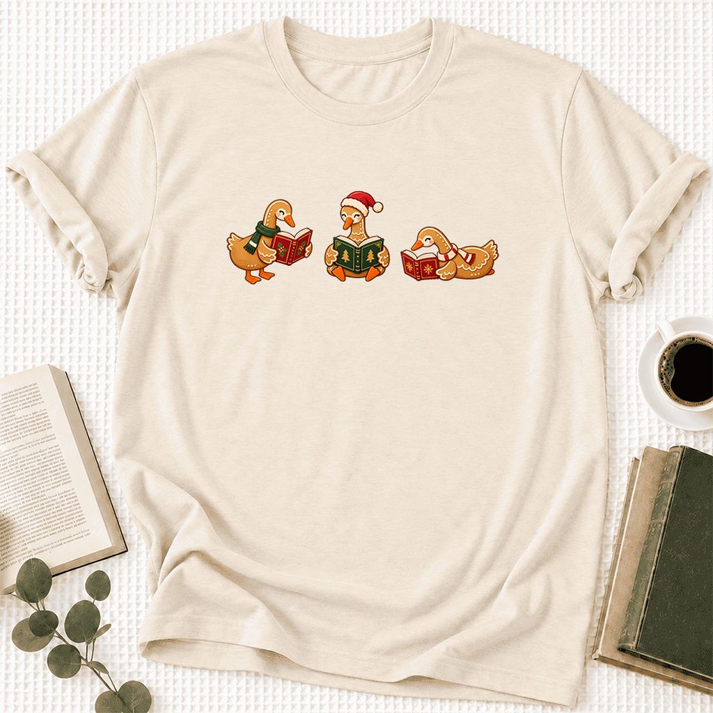 Gingerbread Ducks Reading Ultra-Soft Cotton T-Shirt | Christmas Gift Natural
