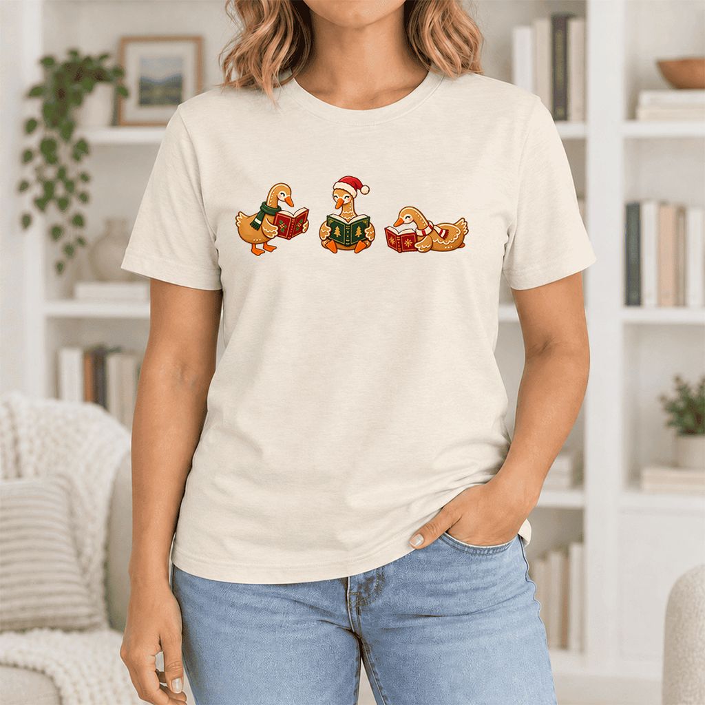 Gingerbread Ducks Reading Ultra-Soft Cotton T-Shirt | Christmas Gift Natural