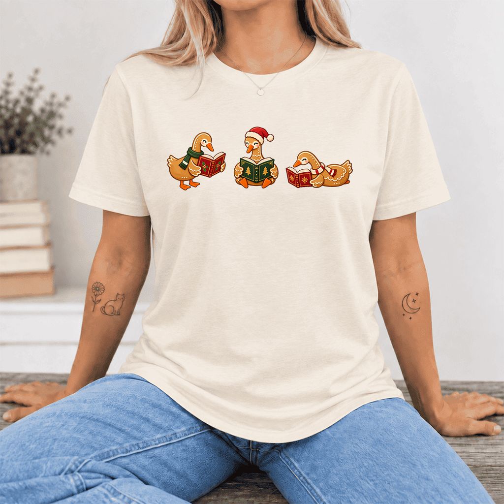 Gingerbread Ducks Reading Ultra-Soft Cotton T-Shirt | Christmas Gift Natural