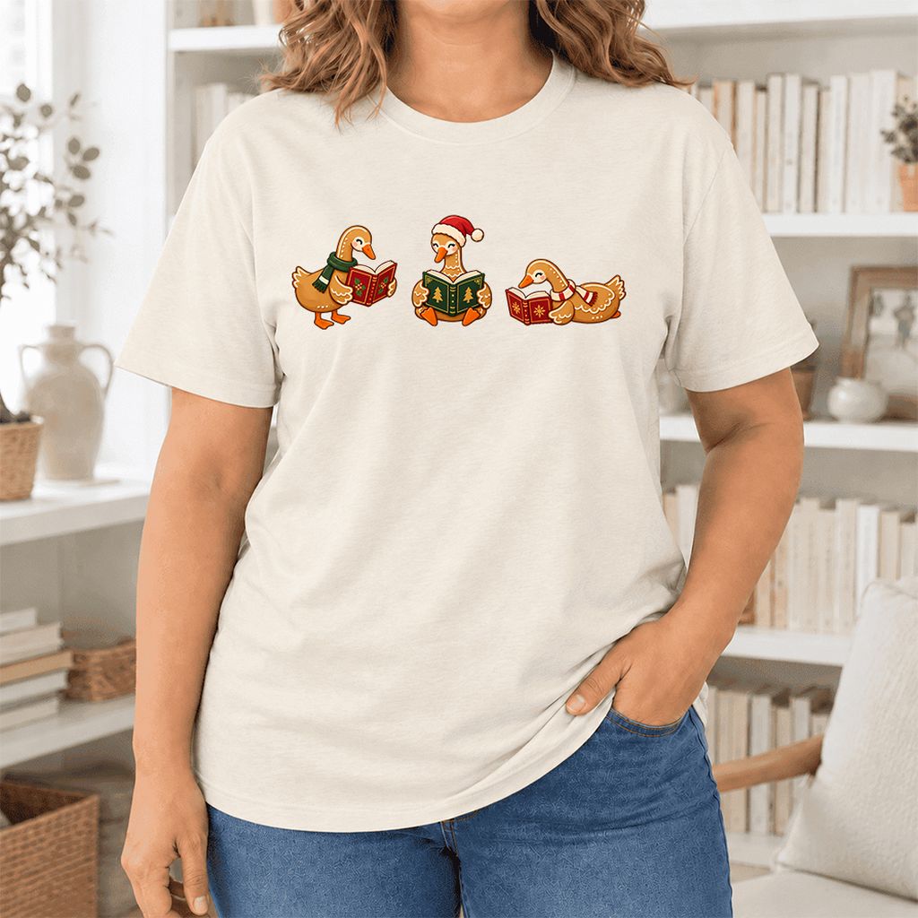 Gingerbread Ducks Reading Ultra-Soft Cotton T-Shirt | Christmas Gift Natural
