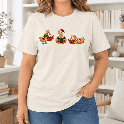 Gingerbread Ducks Reading Ultra-Soft Cotton T-Shirt | Christmas Gift Natural