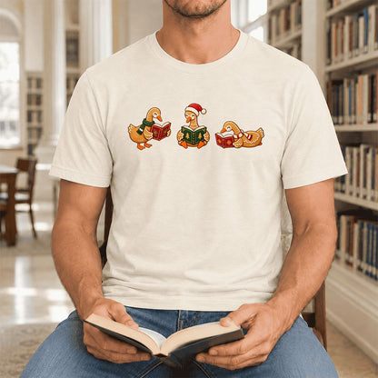 Gingerbread Ducks Reading Ultra-Soft Cotton T-Shirt | Christmas Gift Natural