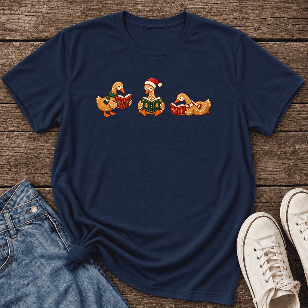 Gingerbread Ducks Reading Ultra-Soft Cotton T-Shirt | Christmas Gift Navy