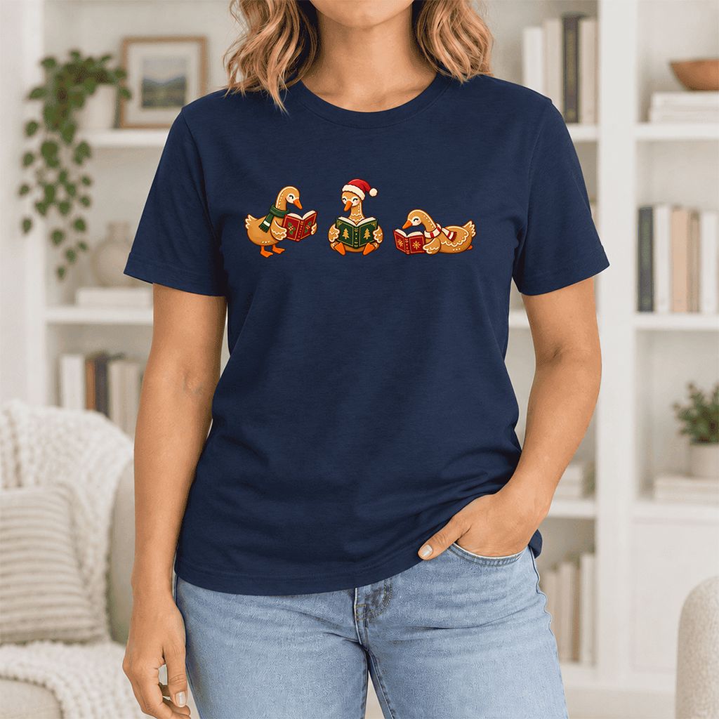 Gingerbread Ducks Reading Ultra-Soft Cotton T-Shirt | Christmas Gift Navy