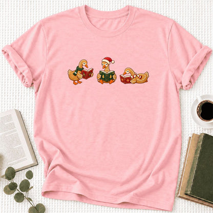 Gingerbread Ducks Reading Ultra-Soft Cotton T-Shirt | Christmas Gift Pink