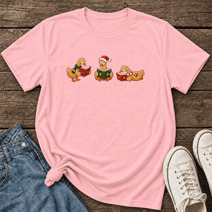 Gingerbread Ducks Reading Ultra-Soft Cotton T-Shirt | Christmas Gift Pink
