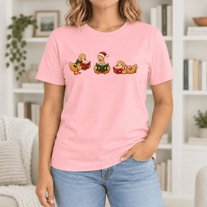 Gingerbread Ducks Reading Ultra-Soft Cotton T-Shirt | Christmas Gift Pink