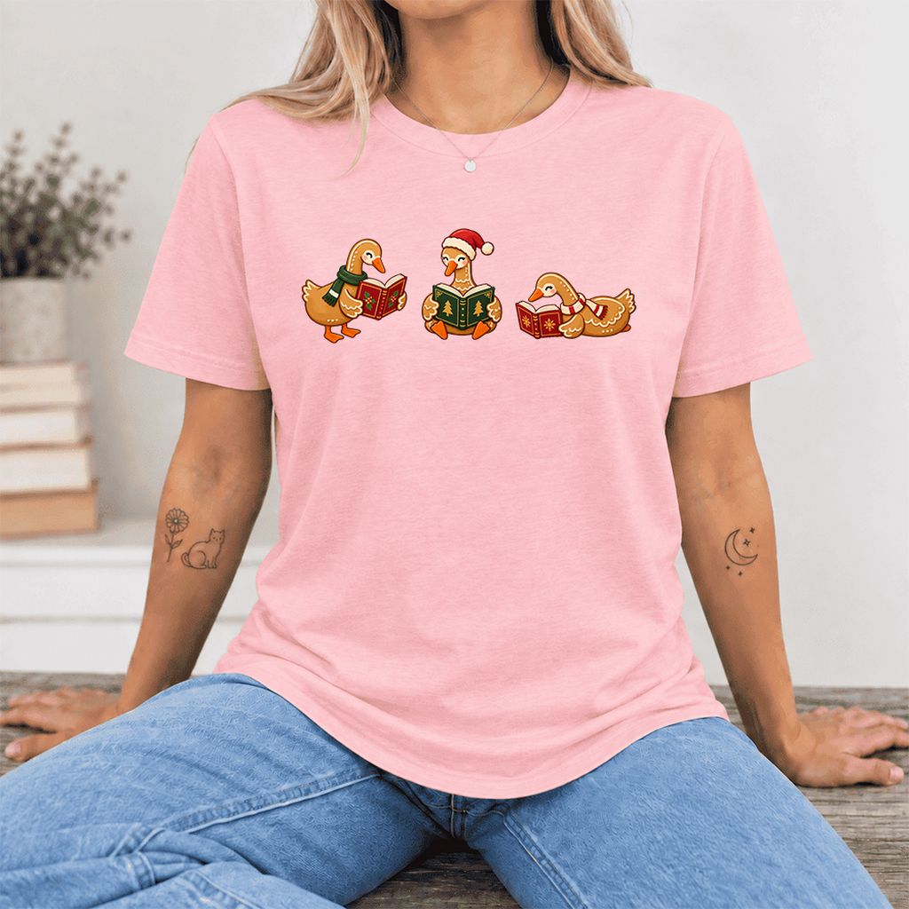 Gingerbread Ducks Reading Ultra-Soft Cotton T-Shirt | Christmas Gift Pink