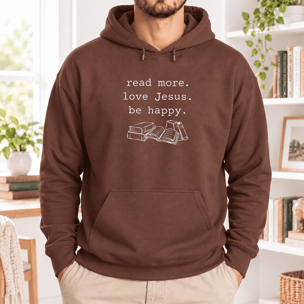 Read More Love Jesus Be Happy Softstyle Hoodie | Positive Reader Gift Cocoa