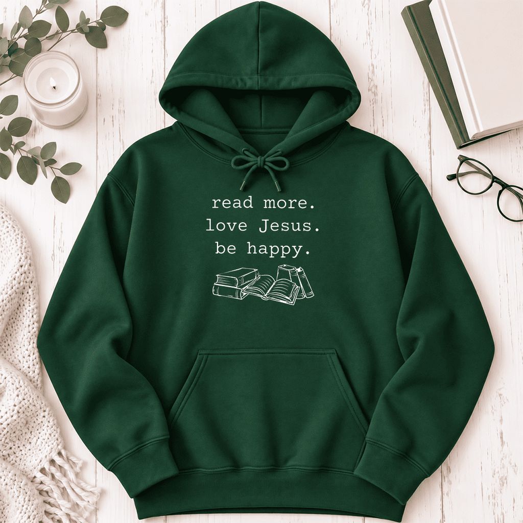 Read More Love Jesus Be Happy Softstyle Hoodie | Positive Reader Gift Forest Green