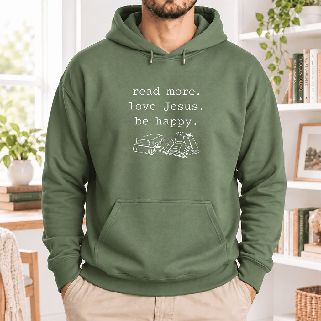 Read More Love Jesus Be Happy Softstyle Hoodie | Positive Reader Gift Military Green