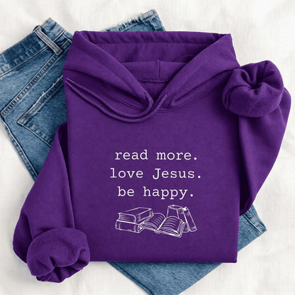 Read More Love Jesus Be Happy Softstyle Hoodie | Positive Reader Gift Purple