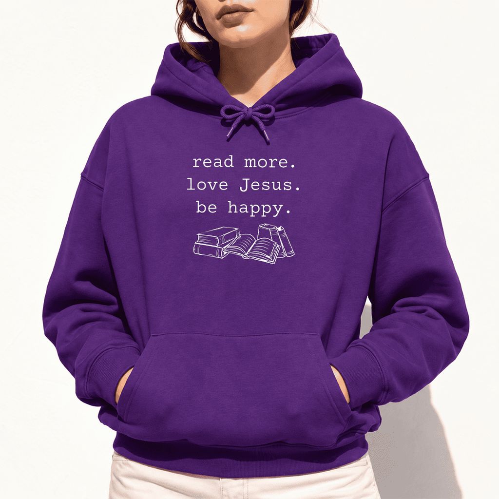 Read More Love Jesus Be Happy Softstyle Hoodie | Positive Reader Gift Purple