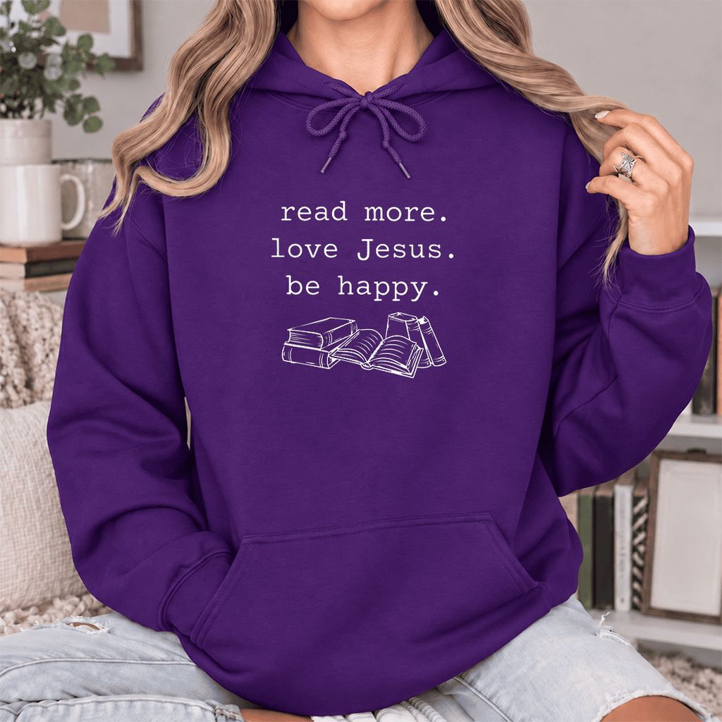 Read More Love Jesus Be Happy Softstyle Hoodie | Positive Reader Gift Purple