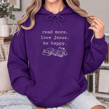 Read More Love Jesus Be Happy Softstyle Hoodie | Positive Reader Gift Purple