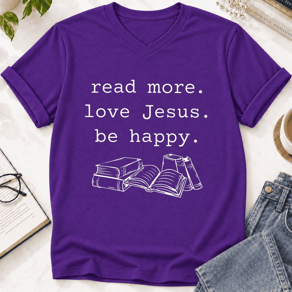 Read More Love Jesus Be Happy Ultra-Soft V-Neck | Positive Reader Gift Team Purple