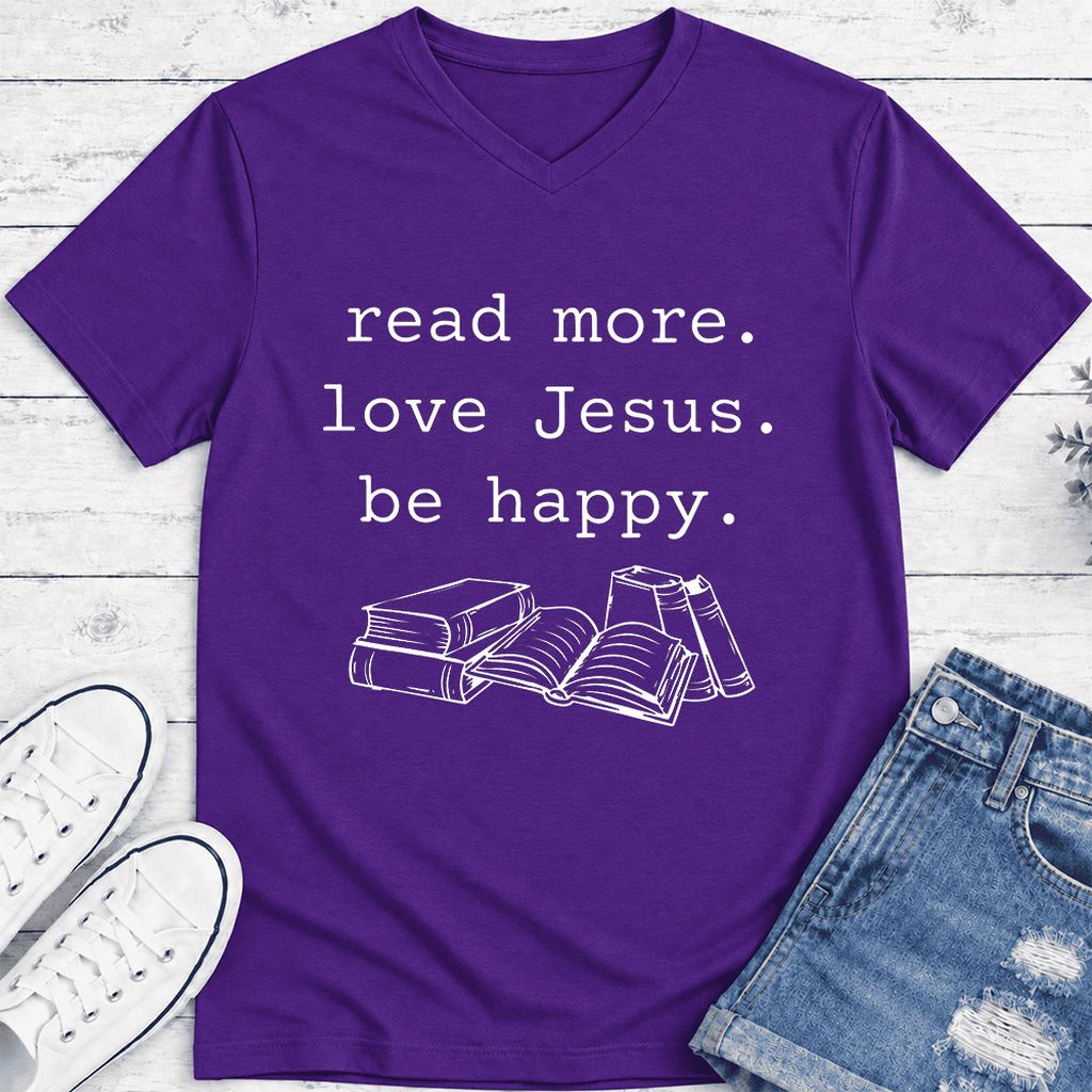 Read More Love Jesus Be Happy Ultra-Soft V-Neck | Positive Reader Gift Team Purple