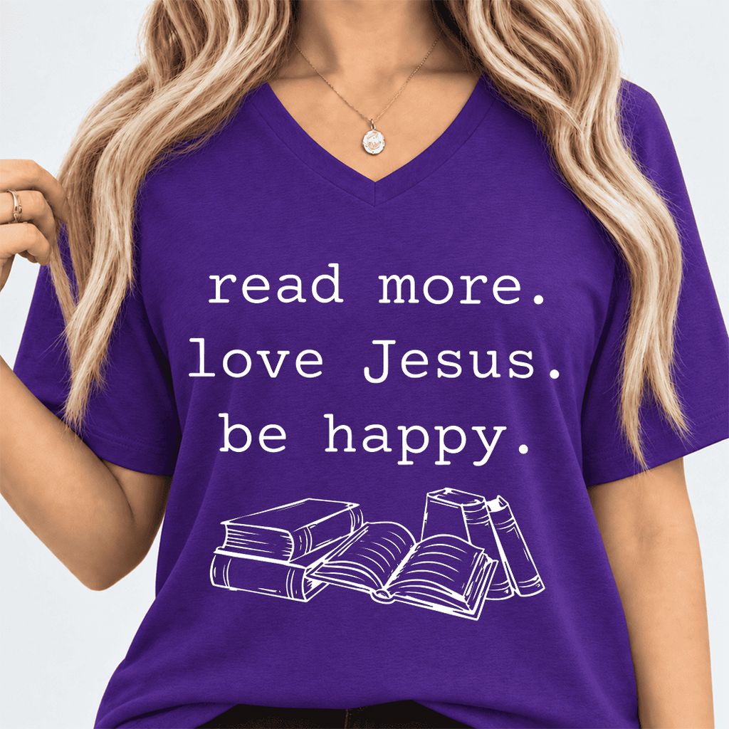 Read More Love Jesus Be Happy Ultra-Soft V-Neck | Positive Reader Gift Team Purple