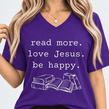 Read More Love Jesus Be Happy Ultra-Soft V-Neck | Positive Reader Gift Team Purple