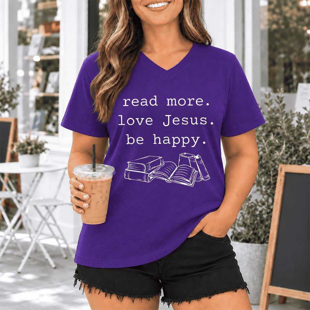 Read More Love Jesus Be Happy Ultra-Soft V-Neck | Positive Reader Gift Team Purple