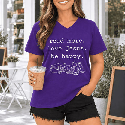 Read More Love Jesus Be Happy Ultra-Soft V-Neck | Positive Reader Gift Team Purple
