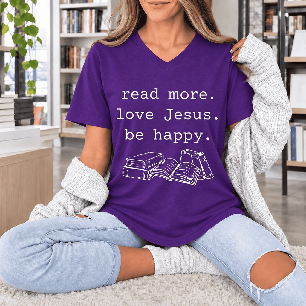 Read More Love Jesus Be Happy Ultra-Soft V-Neck | Positive Reader Gift Team Purple