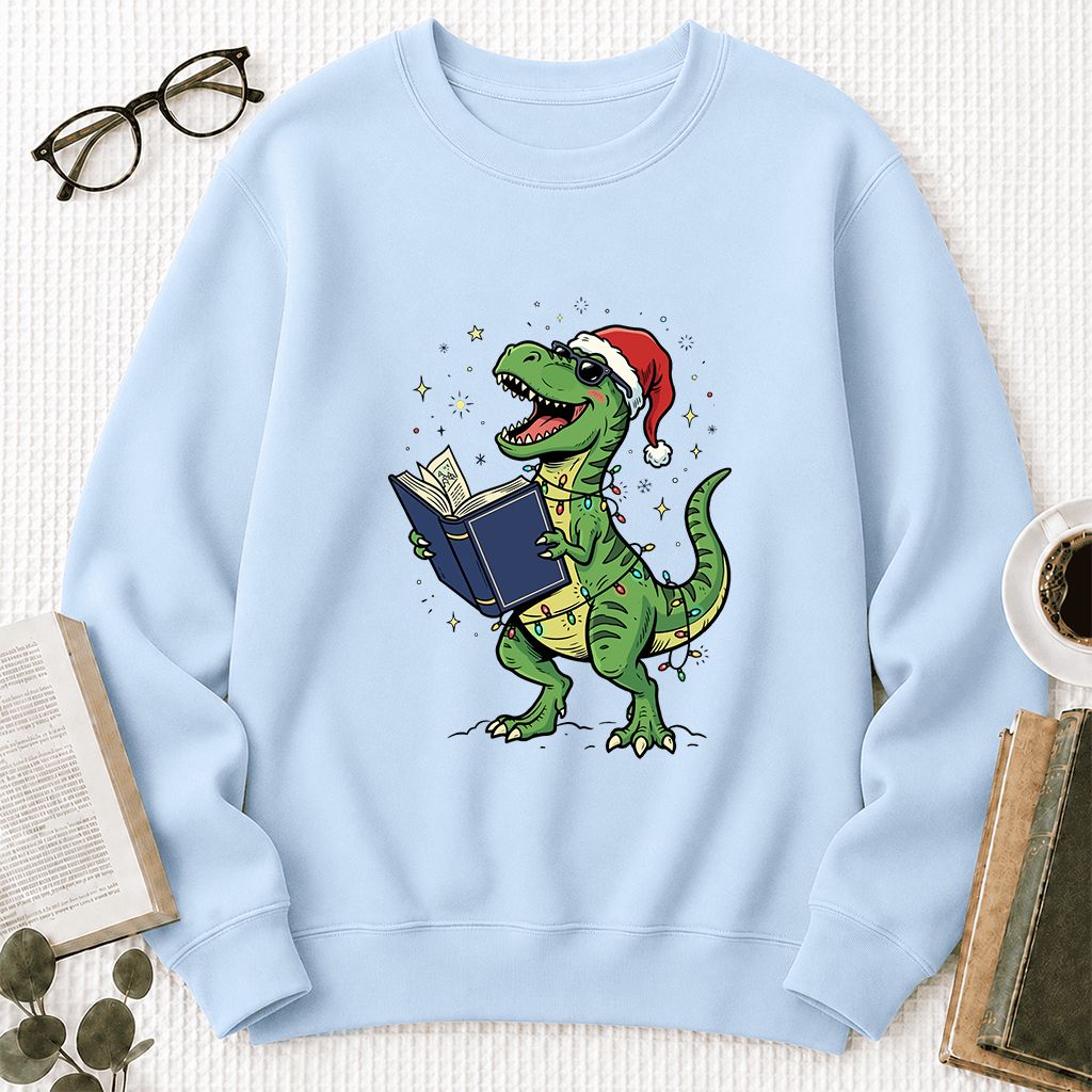 T-Rex Wearing Santa Hat And Reading Printed Sweatshirt | Christmas Reader Gift Light Blue