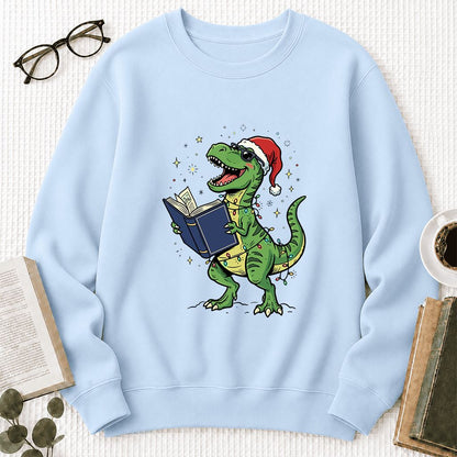 T-Rex Wearing Santa Hat And Reading Printed Sweatshirt | Christmas Reader Gift Light Blue